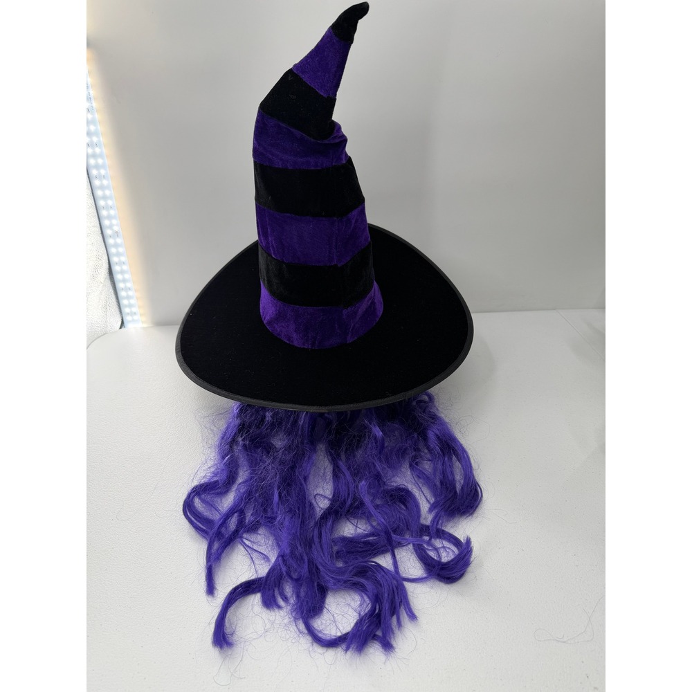 Aero Express Witch Hat with Purple Hair Attached Black Purple Striped Costume OS - Picture 9 of 10